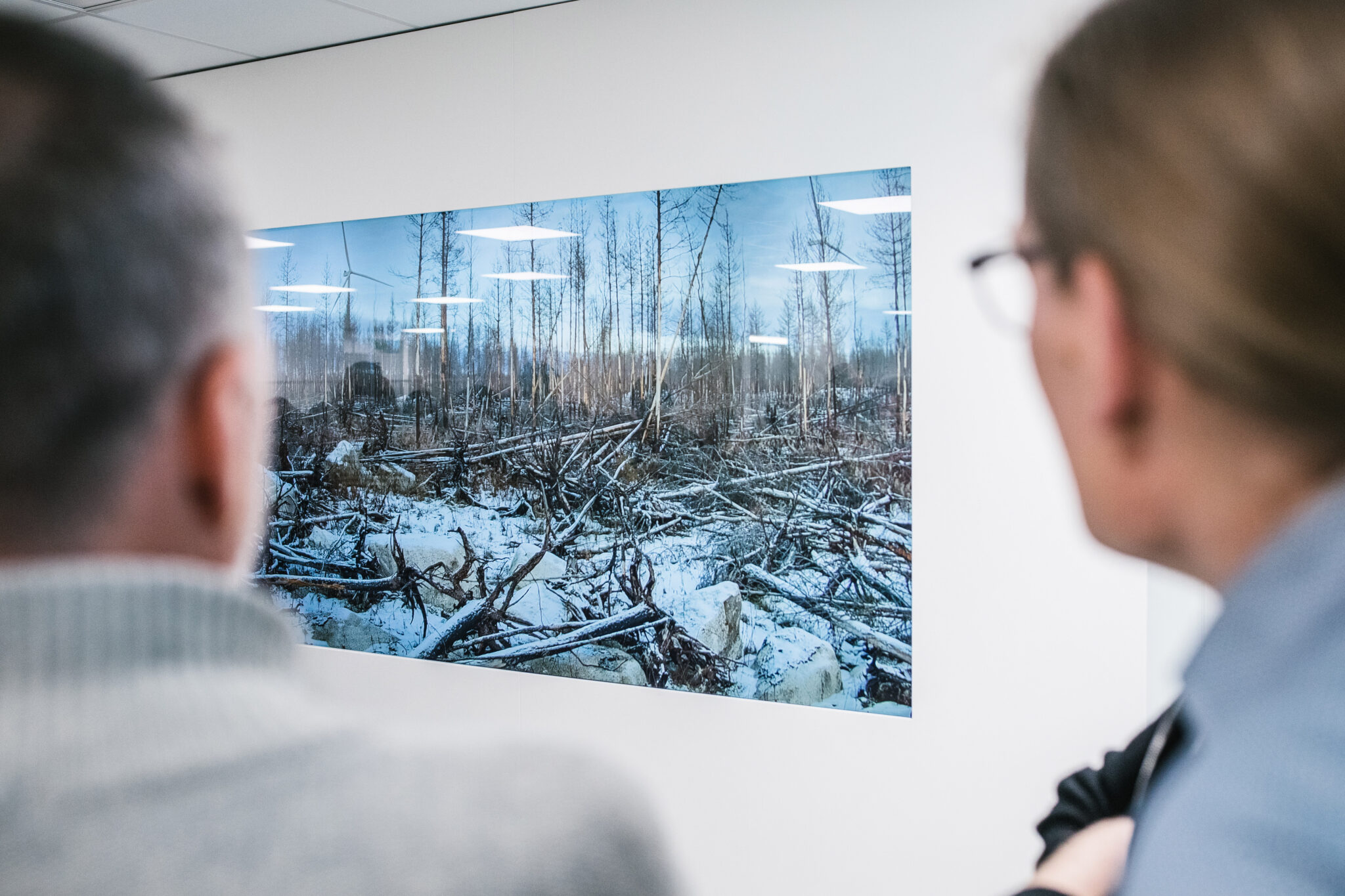 Kaksi ihmistä katsovat näyttöä, jossa luminen metsähakkuualue
